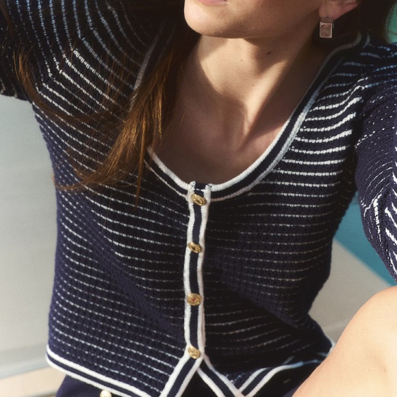 H&M Textured-Knit Low-Cut Cardigan - Dark blue/striped - Picture 1 of 7